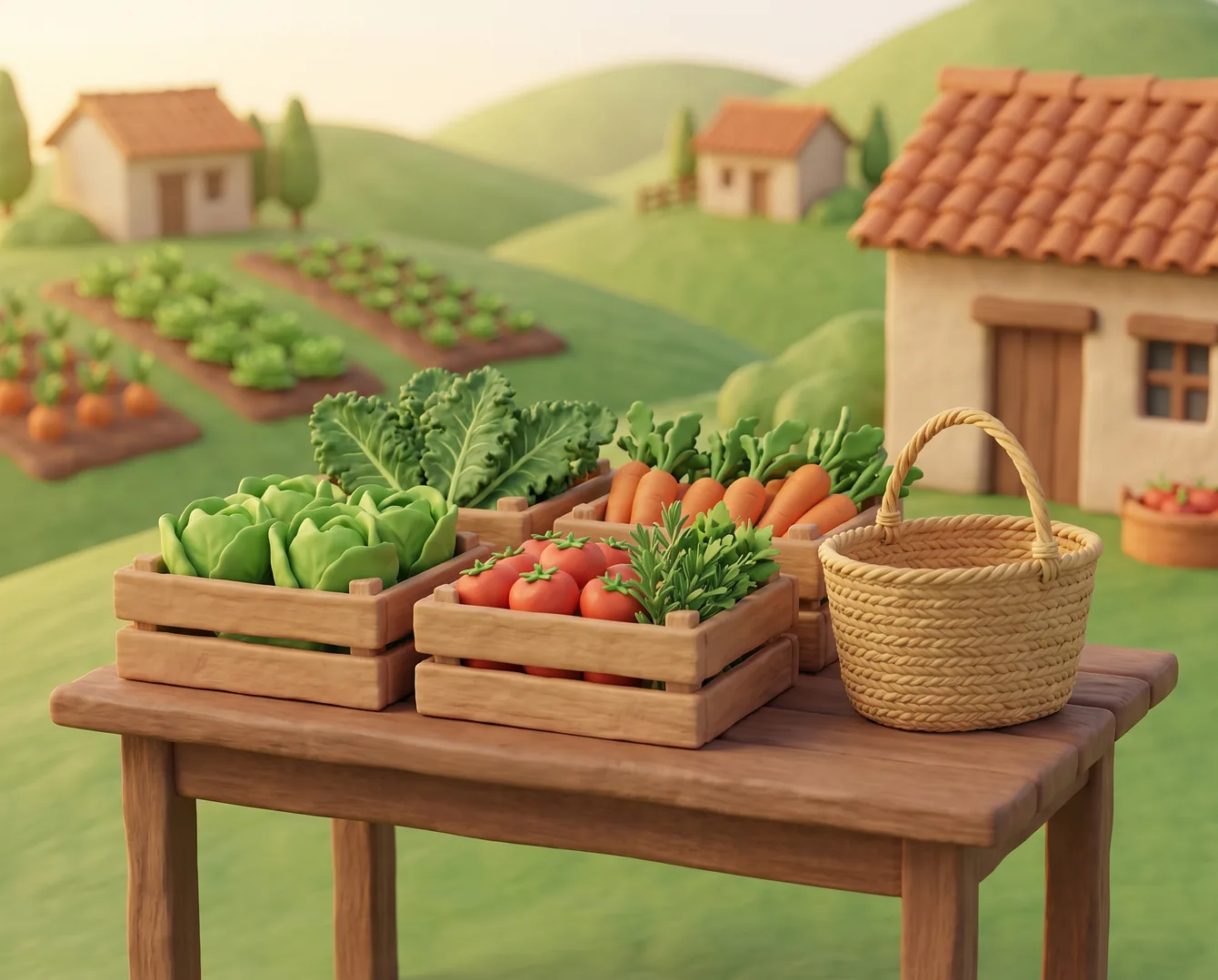 Ilustração de uma banca com verduras orgânicas, hortas e casas de telhado cerâmico ao fundo