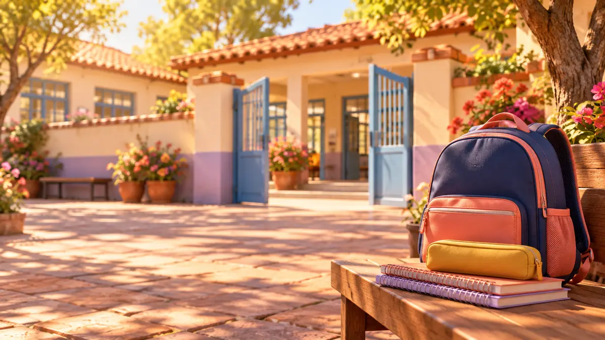 Ilustração 3D de mochila e cadernos em um ambiente escolar