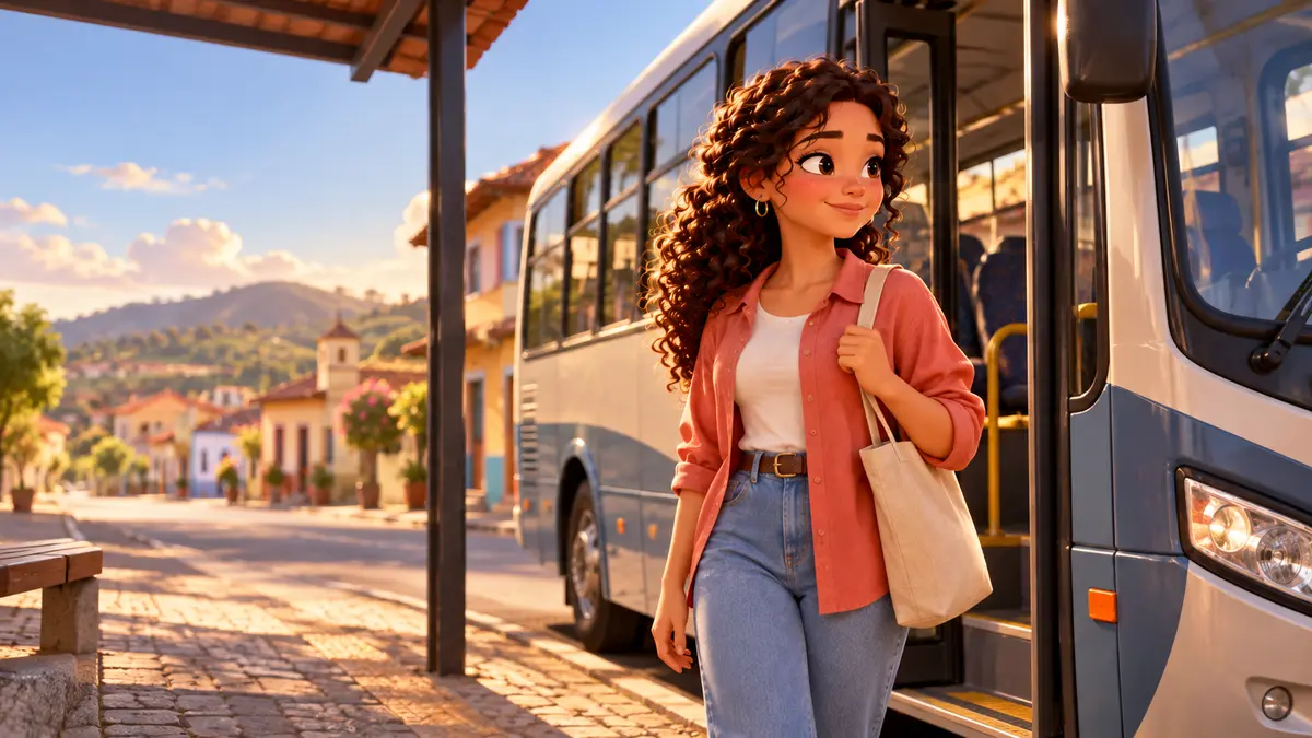 Ilustração 3D de uma cidadã com celular perto de um ônibus